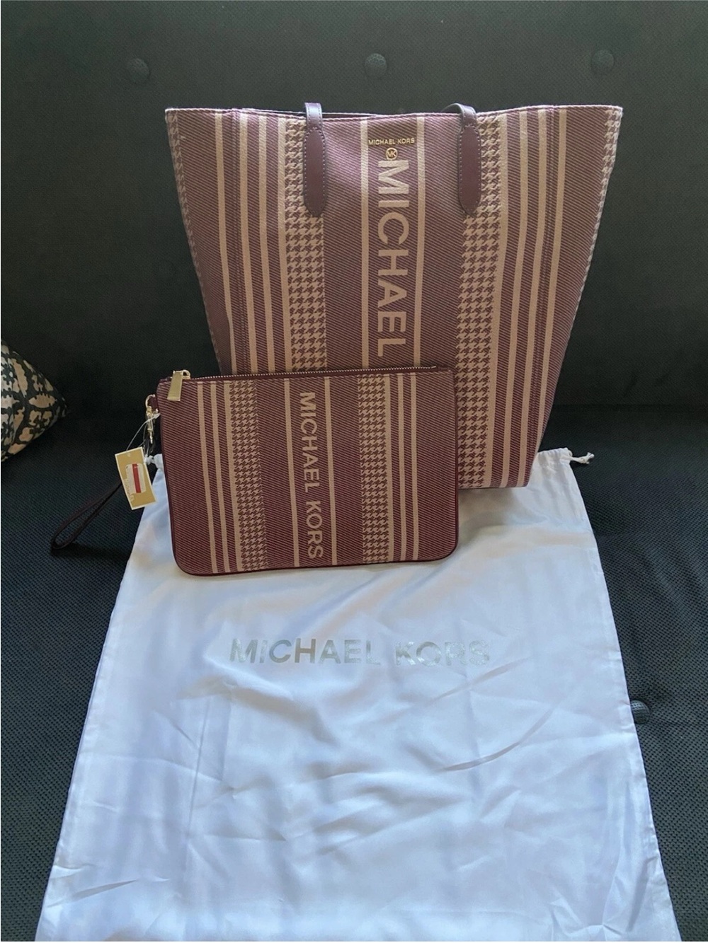 NWT: Michael Kors Maroon & Beige Striped Tote with Wristlet